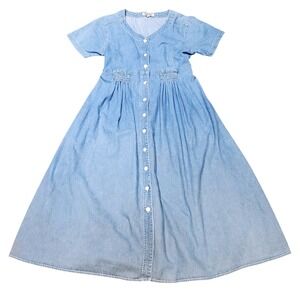 Vintage 90s FADS Cotton Button Front Denim Midi Dress Smocked Waist V-Neck Sz 12